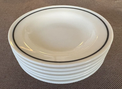 6 Fire King 350 White Black Stripe 9” Flat Rim Restaurant Ware Soup Plates