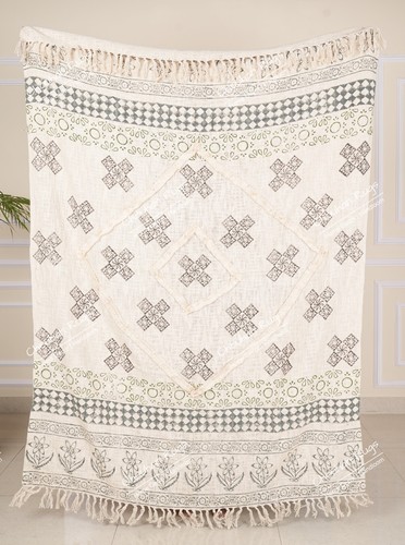 Hand Loom Blanket Boho Block Print Bed Throw Linen with Tassels For Living Home - Picture 5 of 37