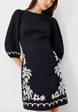 NEW ANN TAYLOR BLACK PETITE EMBROIDERED LINEN BLEND OPEN BACK FLARE DRESS 0P 0