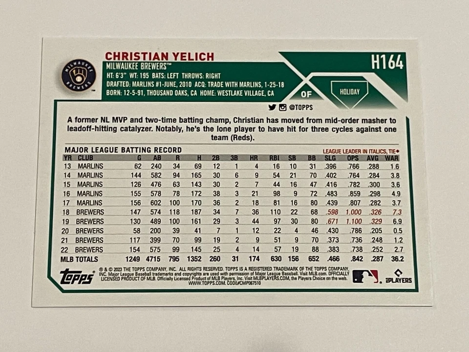 2023 Topps Holiday Mega Box Baseball #164 - Christian Yelich - Milwaukee Brewers - Image 2 of 2