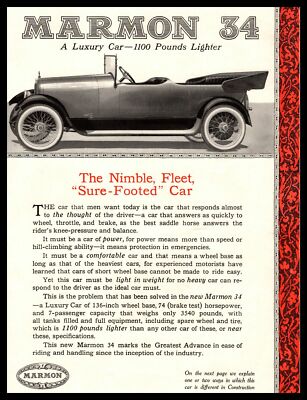 1916 Marmon 34 Convertible ''The Nimble, Fleet, Sure-Footed Car'' Vintage Print Ad