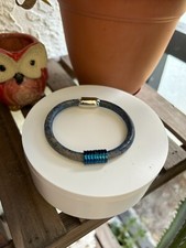 Men's Genuine Natural Blue Leather Bracelet with Stainless Steel Magnetic Clasp
