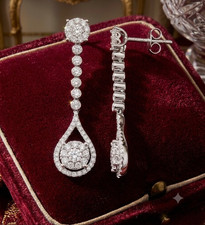 Diamond Cluster Drop Earrings 18ct White Gold Teardrop Dangle Halo Pierced