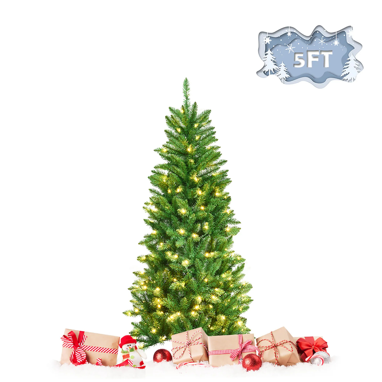 5FT 6FT Artificial Christmas Tree Hinged Fir Pencil Tree with Lights