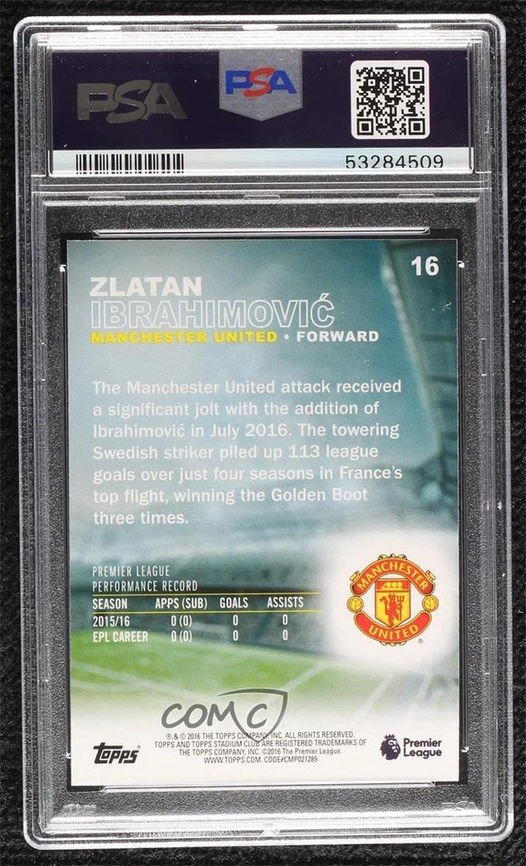 2016 Topps Stadium Club Premier League Zlatan Ibrahimovic #16 PSA 9 MINT - Image 2 of 2