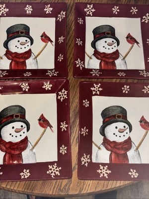 Set Of 4 St Nicholas Square Yuletide Salad Desert Plates 8 3/8  Snowman Cardinal