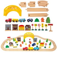 60Pcs Train Set for 3 Year Old Boys, Double-Side Wooden Medium, Yellow 