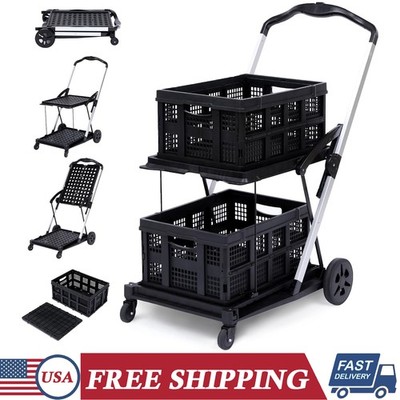 Folding Shopping Cart w/Wheels Collapsible Cart with Storage Crate 2-Layer Black