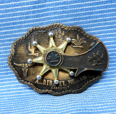 Spinning Spur Arriba El Norte Cabrones Belt Buckle Western Rowel Vtg 90s .CPA631