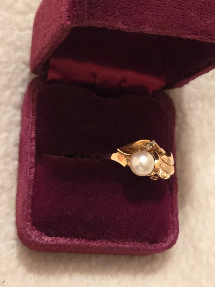 ANILLO DOBLE PERLA Y DIAMANTE ORO AMARILLO 14KT TALLA 7 Foto 3 de 4