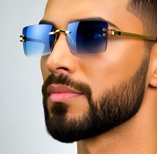 Vintage Men's Rimless Gold Frame Retro Hip Hop Luxury Tinted Blue Lens Glasses
