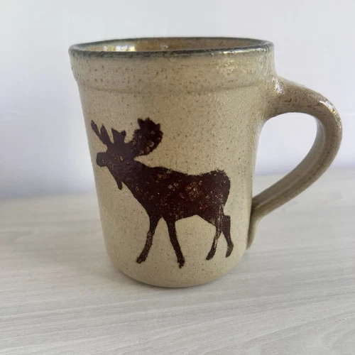 Monroe Salt Works Maine Moose Pottery Mug  4"  12 oz.  Green / Gray Rim Handmade
