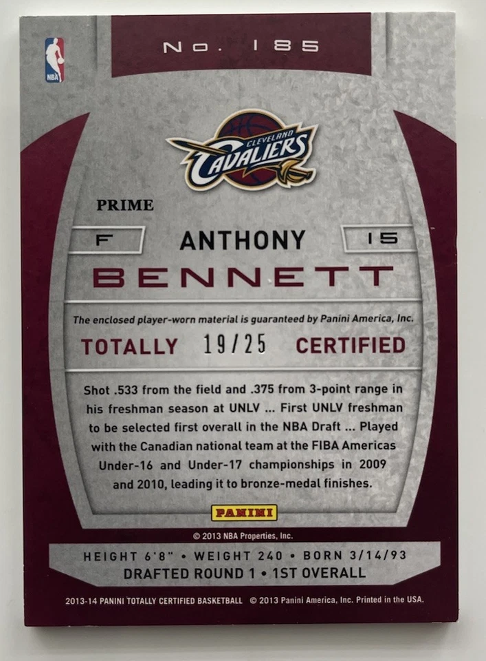 Anthony Bennett: 2013-14 Totally Certified Memorabilia #185 Red Prime (19/25) - Image 2 of 2