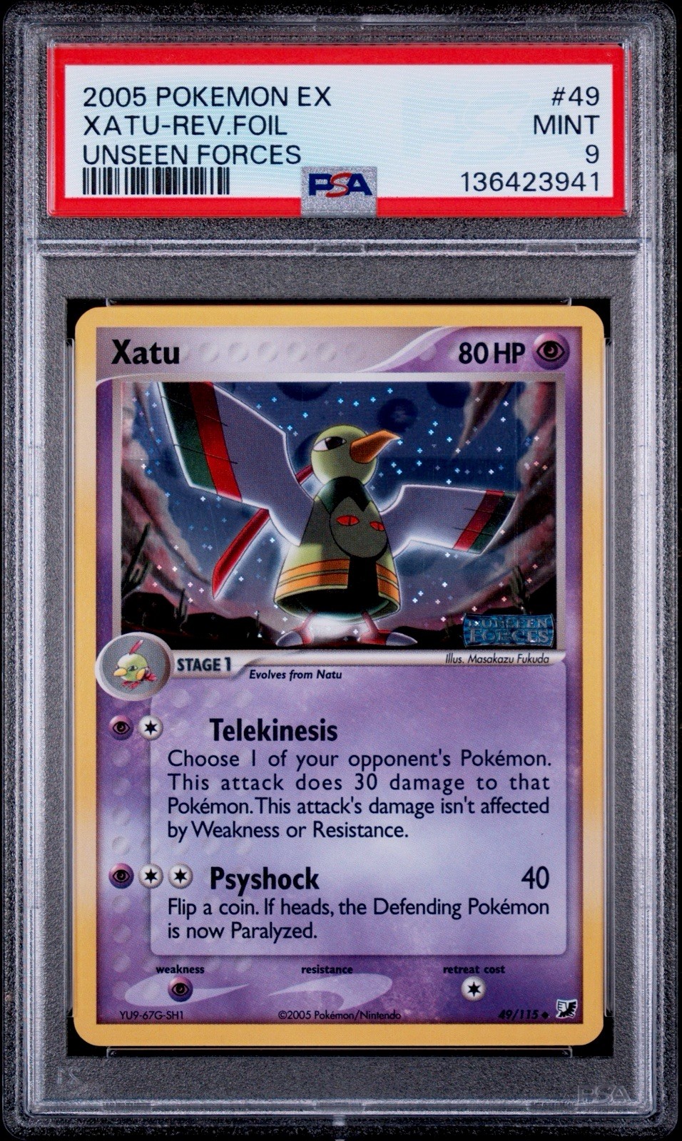 PSA 9 Xatu Reverse Holo Foil Stamped 49 EX Unseen Forces Pokemon 2005 New Cert