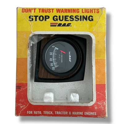 #ad VINTAGE NOS RAC OIL PRESSURE GAUGE RAT ROD GASSER HOT TRACTOR BOAT WOODGRAIN NOS $29.95