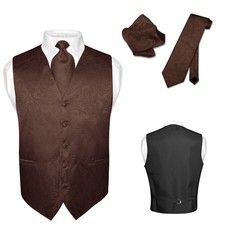 Men's Dress VEST NeckTie for Suit Tux BROWN Color PAISLEY Design Tie Hanky Set