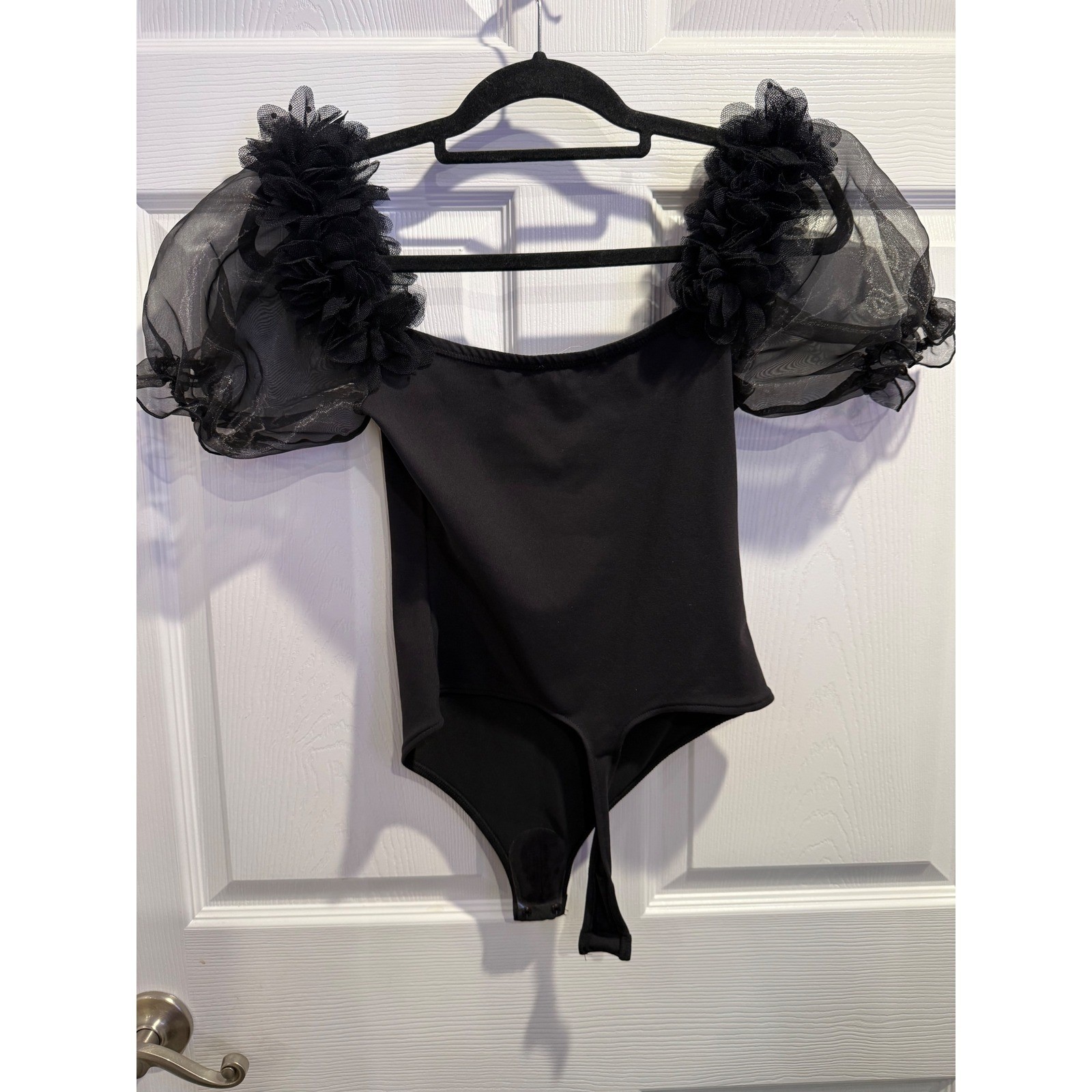 Free People Black Mesh Puff Sleeve Bodysuit Square Neck Ruffle Detail Size XS