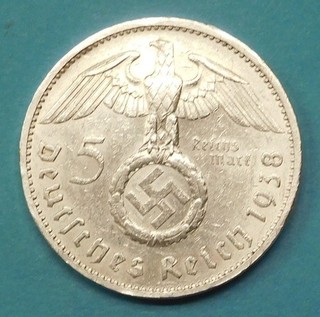 1938 E GERMANY 5 MARK COIN Third Reich SILVER German