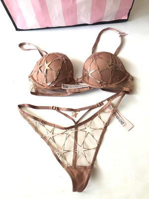 Victorias Secret Bombshell Add-2-Cups Bra & V-String 2PC Set Rose Gold Stars NWT