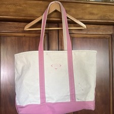 VTG L.L.Bean XL Boat Tote Bag Ivory Canvas Pink Double Handles Open 90s