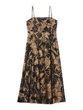 GAP Linen Blend Midi Empire Dress XL Black Brown Floral Smocked Cottagecore
