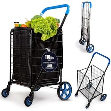 SereneLife Large Folding Utility Shopping Cart with Removable Liner - Blue