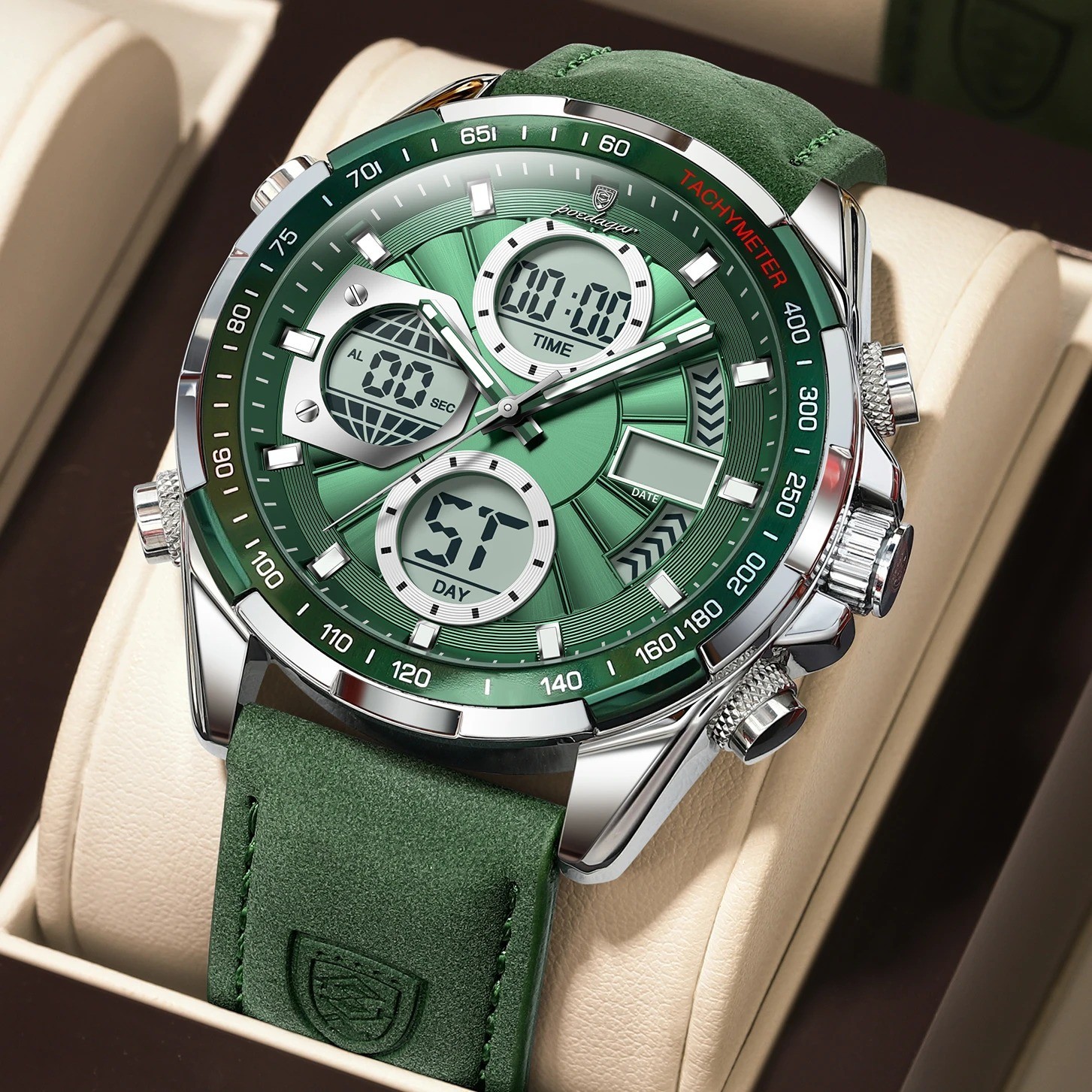 Montre à quartz de luxe pour homme avec double affichage et cadran lumineux noir