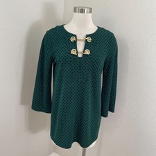 Michael Kors Womens Medium Green Navy Polka Dot Tunic Top Gold Chain Detail
