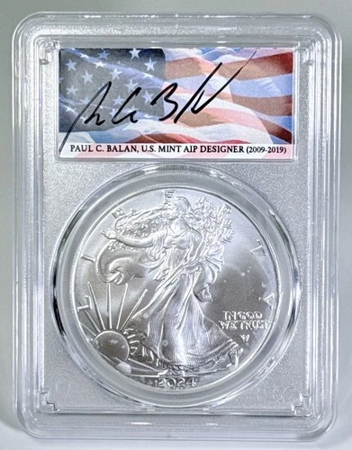 2024 SILVER EAGLE PCGS MS70 PAUL BALAN SIGNED FIRST DAY OF ISSUE FLAG LBL SPOTS