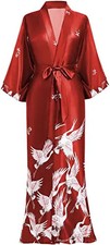 Satin Print Robe Kimono V Neck Knee Length Sleepwear Lounge Belted Fit