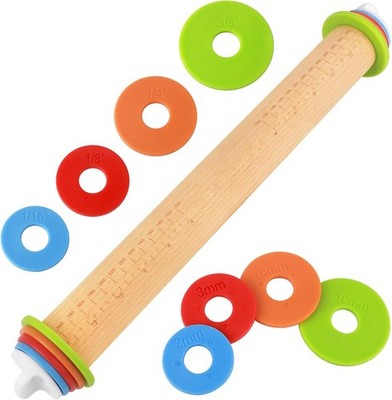 Wood Rolling Pin with Thickness Rings, Adjustable Wooden Rolling Pins for Bak...