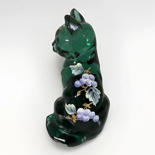 Fenton Art Glass Green Cat Hand Painted Vintage Figurine Signed Label