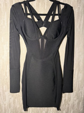 Fashion Nova Black Bandage Mini Dress XS Long Sleeve Mesh Cut Out Stretch Zip