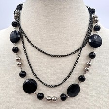 Vintage 90s Double Strand Jet Onyx Faceted Beaded Necklace Silver Tone Jewelry