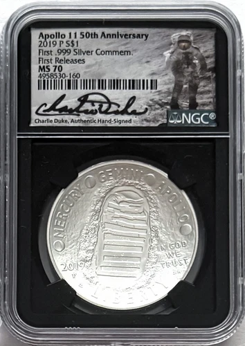 2019 P SILVER APOLLO 11 50TH ANNIVERSARY FIRST RELEASES NGC MS70 CHARLI DUKE