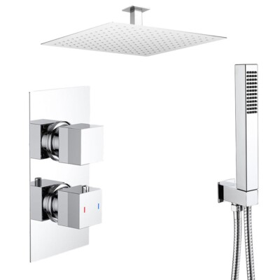 Chrom Quadrat Dreifach Unterputz Thermostat Brausebatterie Set - 2 Ausgänge Umsteller