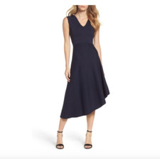 ELIZA J ASYMMETRICAL KNIT MIDI NAVY DRESS sz M