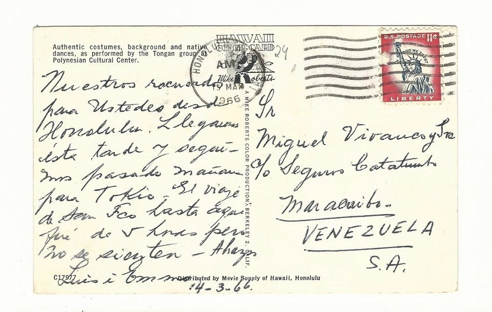 Tonga: 1966; Disfraces de bailarines de Tonga en tarjeta a Venezuela, bailarines nativos, EBTG15 Foto 2 de 2