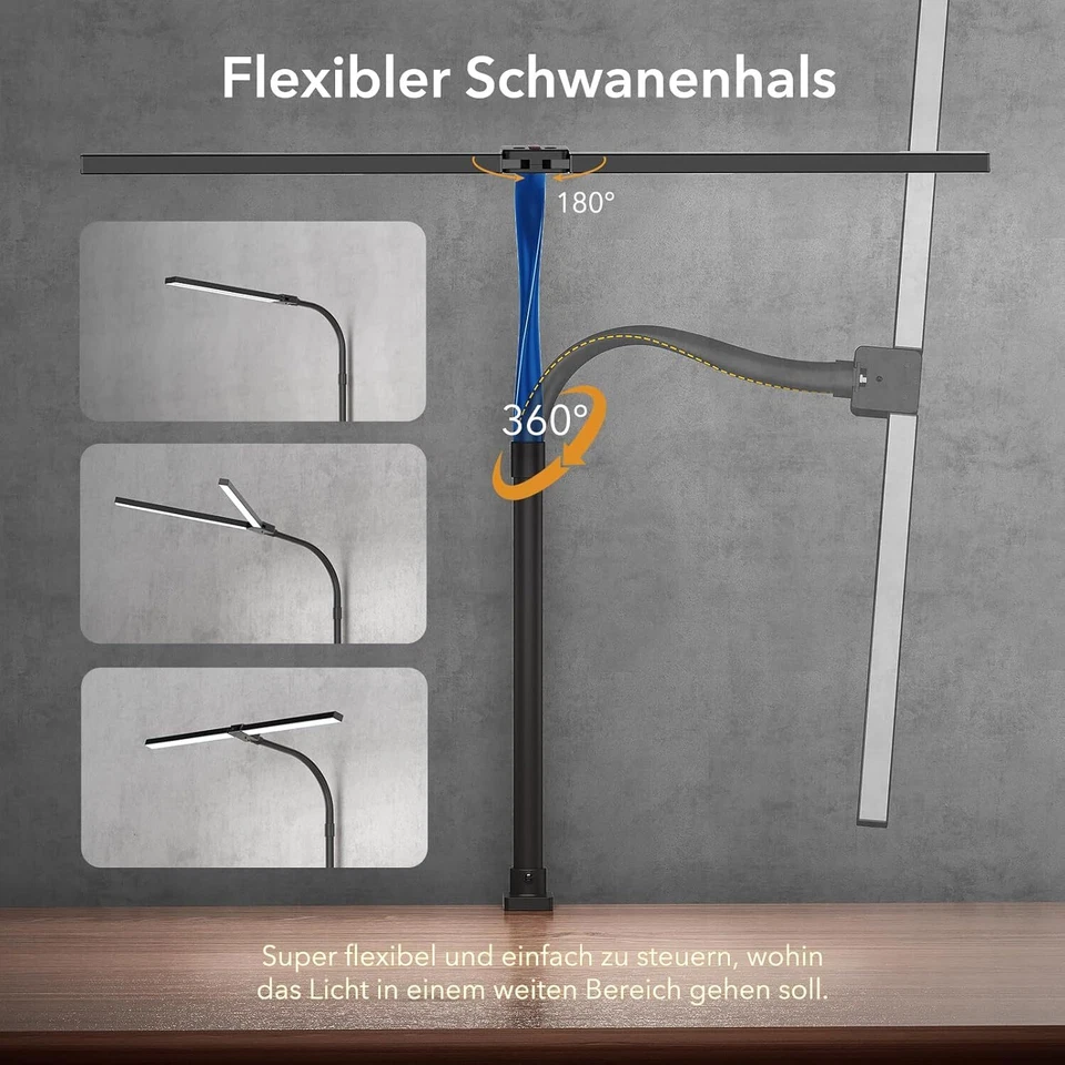 Schreibtischlampe LED Dimmbar 24W 80cm Doppelkopf Schreibtisch Lampe Klemmbar Sc - Bild 3 von 4