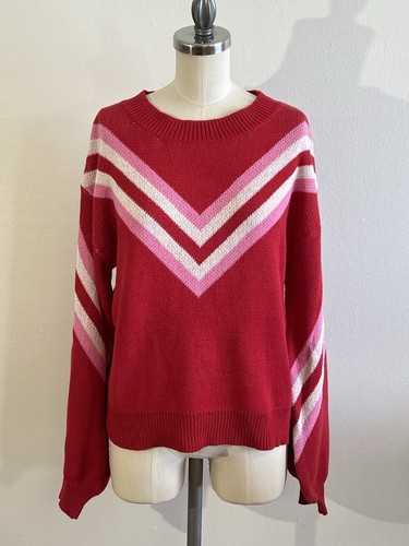 Honey Punch Sweater Women’s S Pullover Red Pink Balloon Sleeve Cotton Acrylic