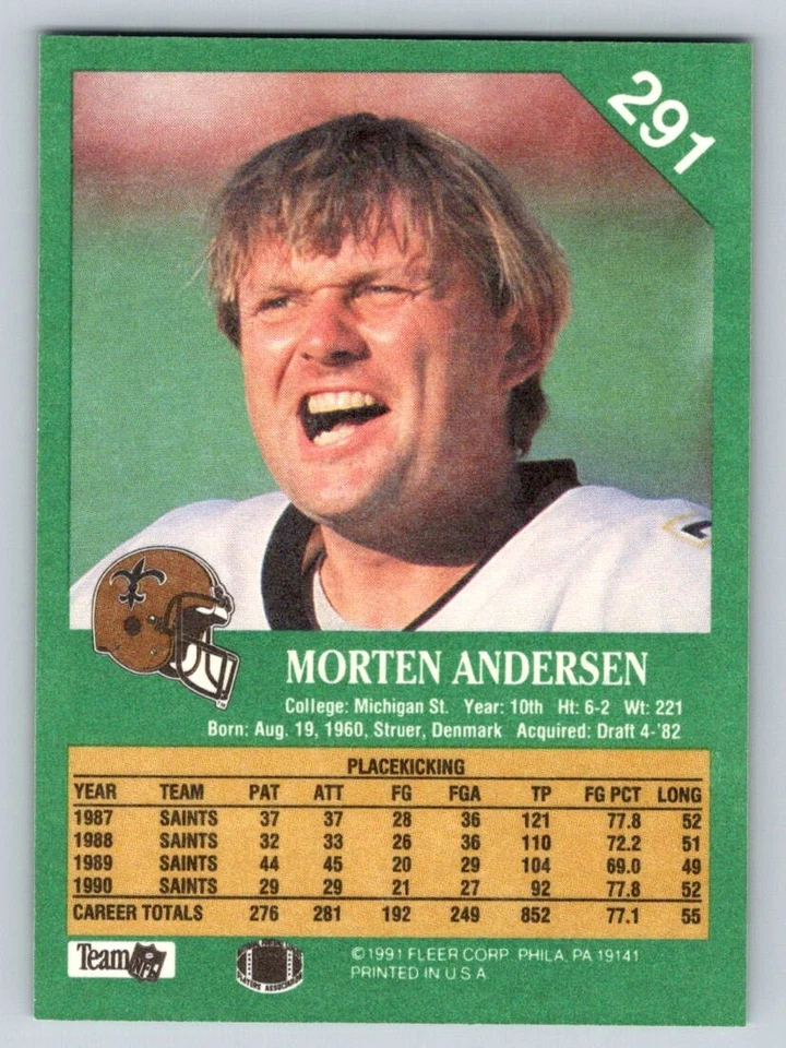 1991 Fleer Card, #291 Morten Andersen Hall of Famer, New Orleans Saints - Image 2 of 3