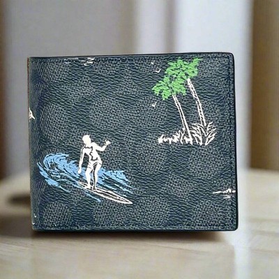 Coach CBK15 Surf ID Wallet Mens Signature Canvas Charcoal Bifold 3-in-1  Insert