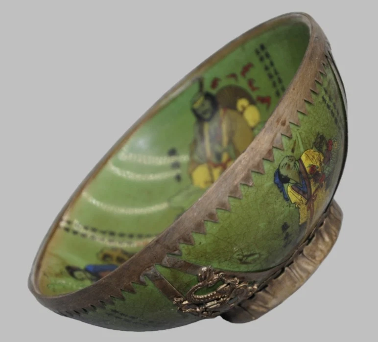 Cuenco de Esmalte Verde Chino Vintage Montaje Plateado Ocho Inmortales Dragón Porcelana Foto 3 de 4