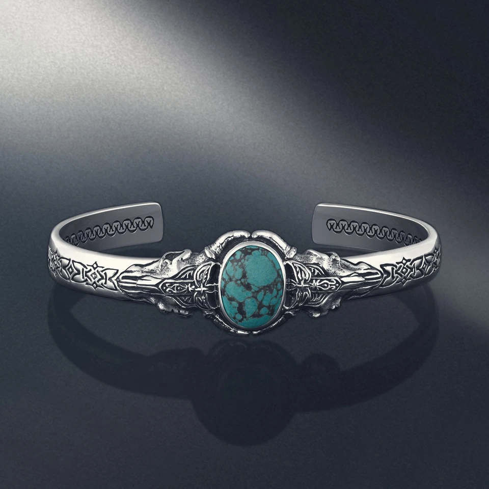 Vintage Turquoise Mens Bracelet 925 Sterling Silver Bracelet Birthday Gift Him - Image 2 of 4