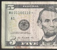 (TRUE BINARY RADAR REPEATER STAR NOTE!)$5 Binary Fancy Serial Number MA01100110*