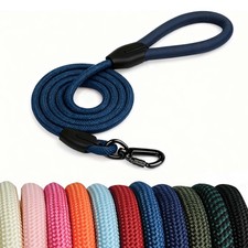 Navy Blue Heavy Duty Braided Nylon Rope Dog Leash Leather Handle Lead 5 FT