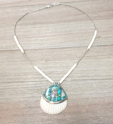 Native American Santo Domingo Turquoise Shell Pendant Necklace Heishi Handmade