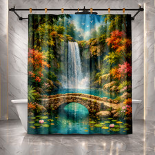 Multi Tiered Waterfall Shower Curtain Wooden Bridge Greenery Birds Decor 72in