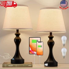 Touch Lamps for Nightstand - Bedside Lamps Set of 2, 3 Way Dimmable, USB C+A ...