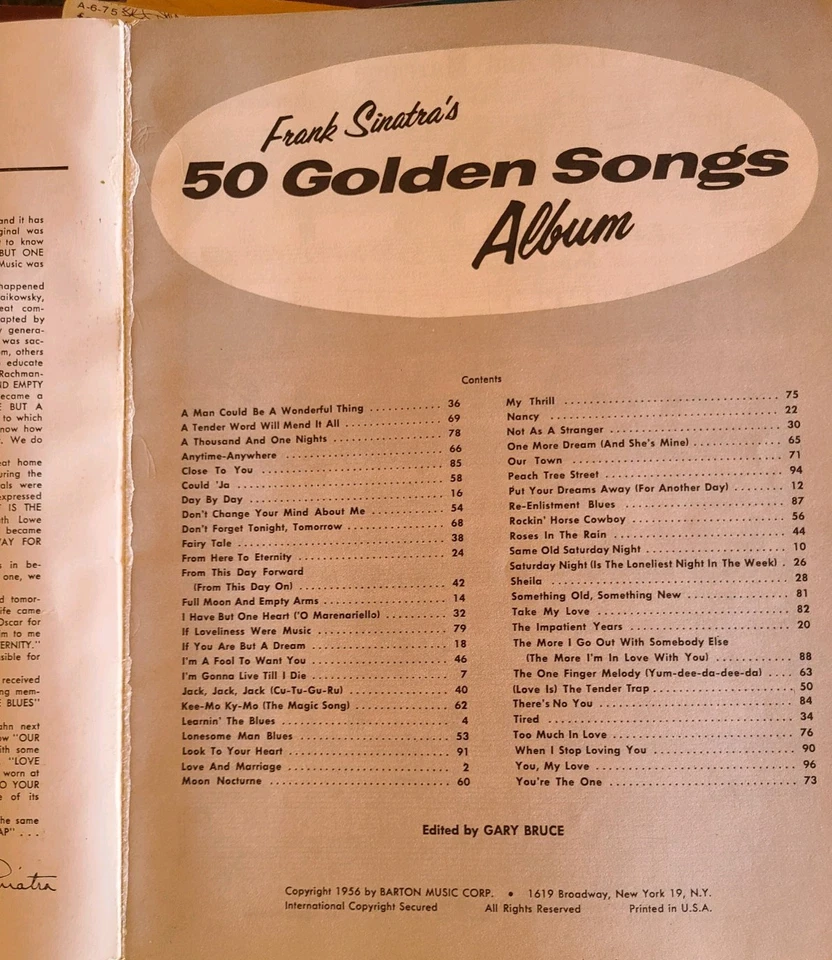 Libro de partituras álbum 50 canciones doradas 1956 de Frank Sinatra Barton Music Corp Foto 2 de 2